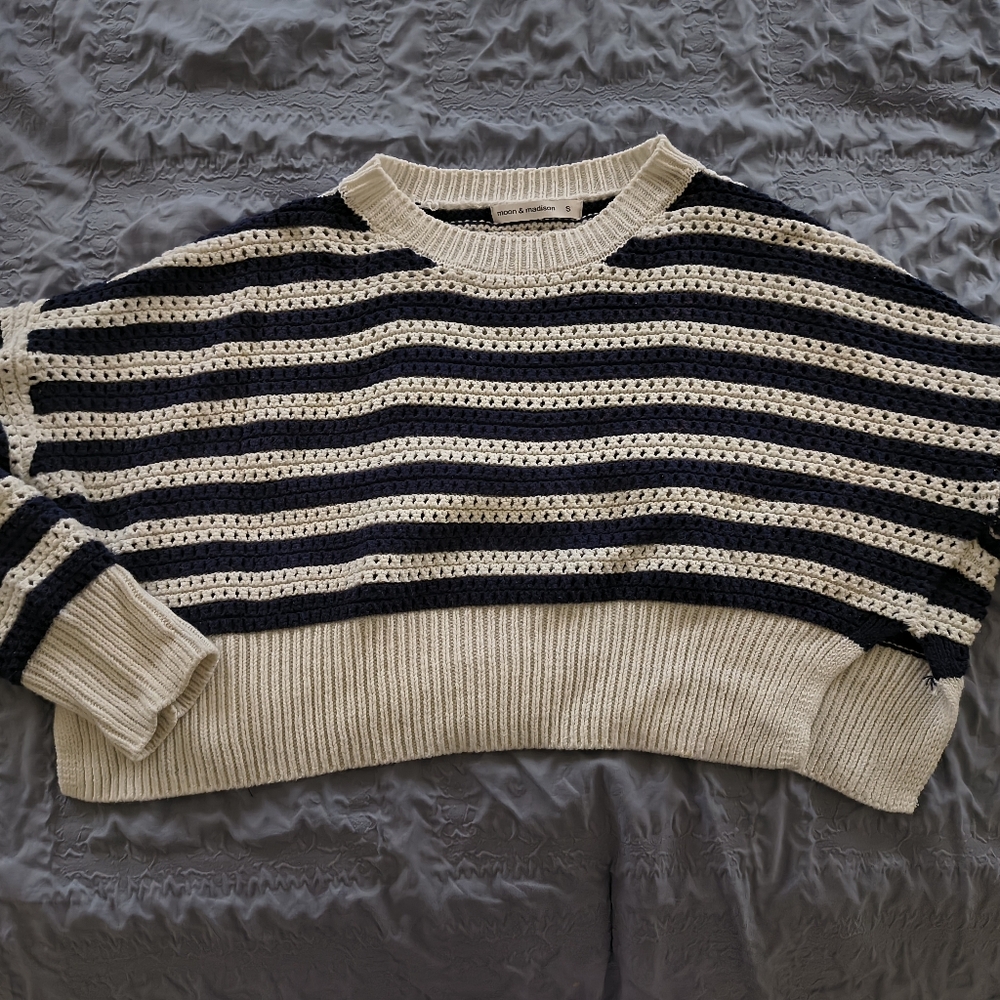 White and Navy blue Striped Oversized Sweater
